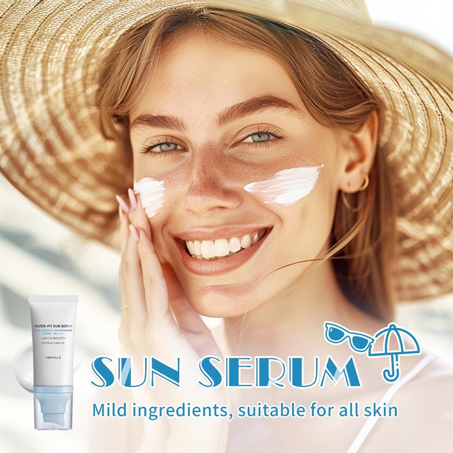 𝐶𝑒𝑛𝑡𝑒𝑙𝑙á Sunscreen SPF 50, Hyalu Cica Water-Fit Sun Serum, Face Sun Screen Long-Lasting Protection, Cen-Tella Madagascar Sunscreen, NO White Cast - Dry Oily Skincare (Blue 1)