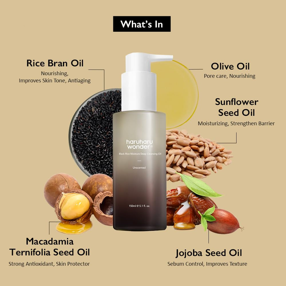 Wonder Black Rice Moisture Cleansing Oil 5.1 Fl.Oz / 150Ml | Korean Facial Cleanser, Makeup Remover | Vegan, Cruelty Free | Jojoba Seed Oil, Macadamia Seed Oil